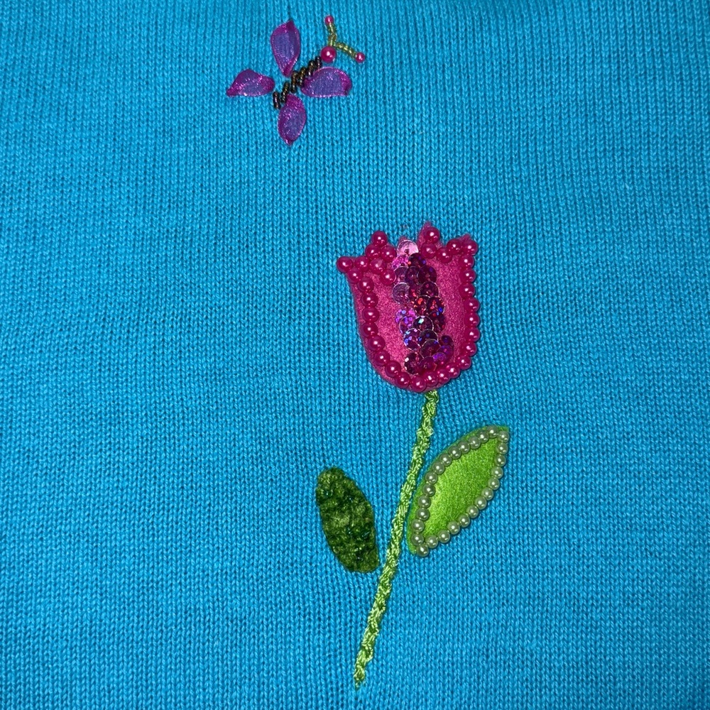 Vintage The Quaker Factory Blue Hand Embroidered Beaded Flowers Bunny Cardigan L - Picture 11 of 16
